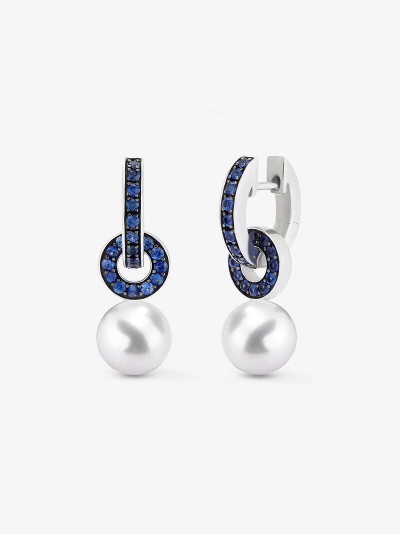 Double hoop earring made of 925 silver combined with an 8.5 mm Akoya pearl and sapphire. image number 0