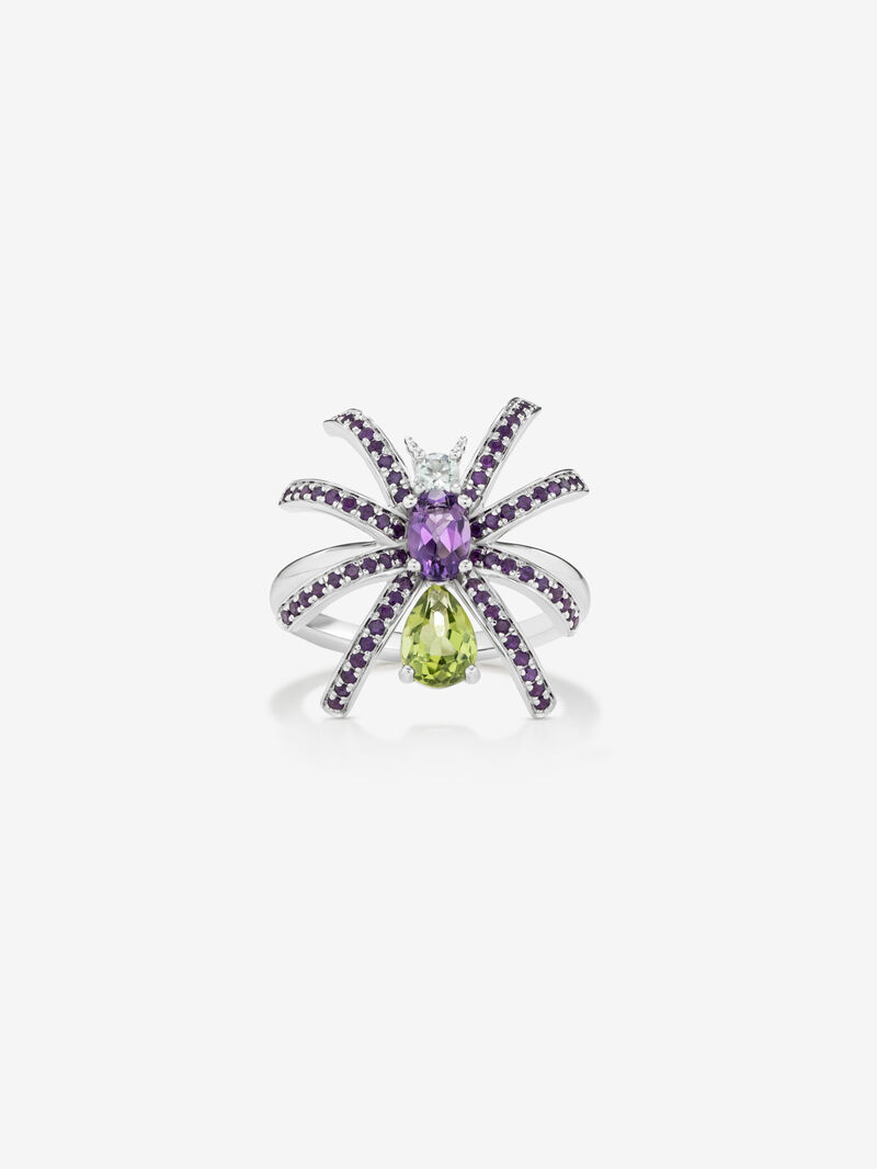 Silver spider ring with peridotos and amethyst image number 1