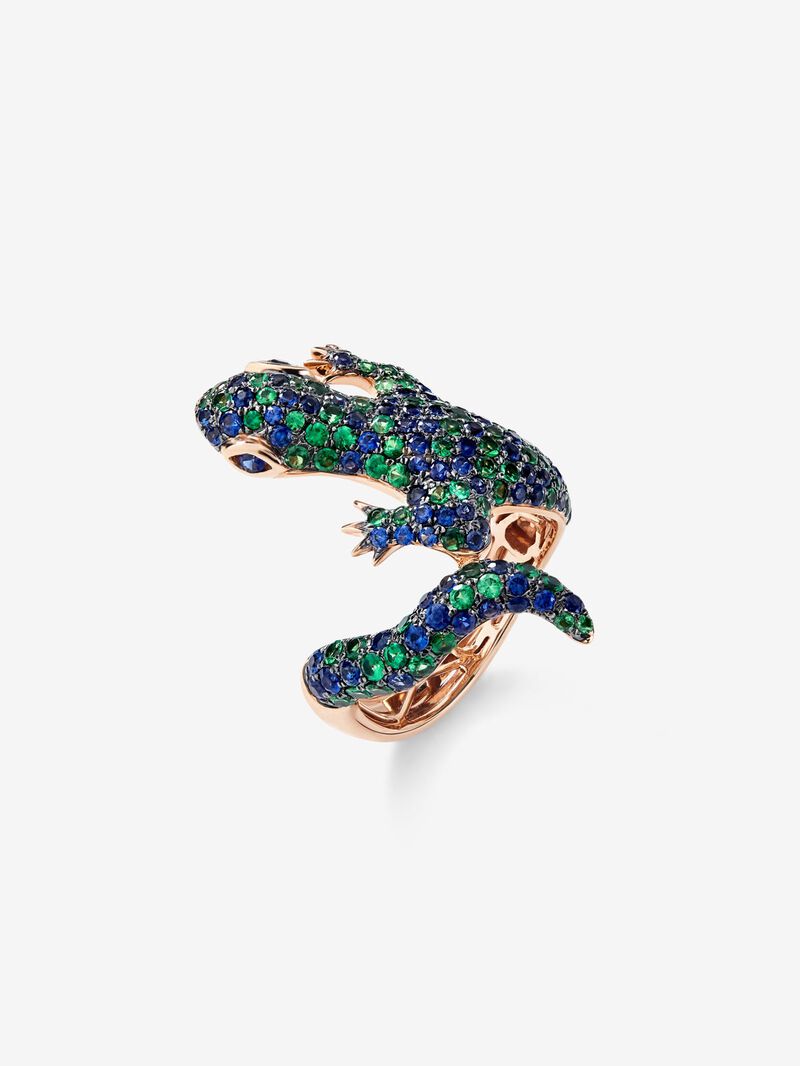 18K rose gold ring with 79 brilliant-cut tsavorites with a total of 1.35 cts and 81 brilliant-cut blue sapphires with a total of 1.35 cts in the shape of a salamander image number 2