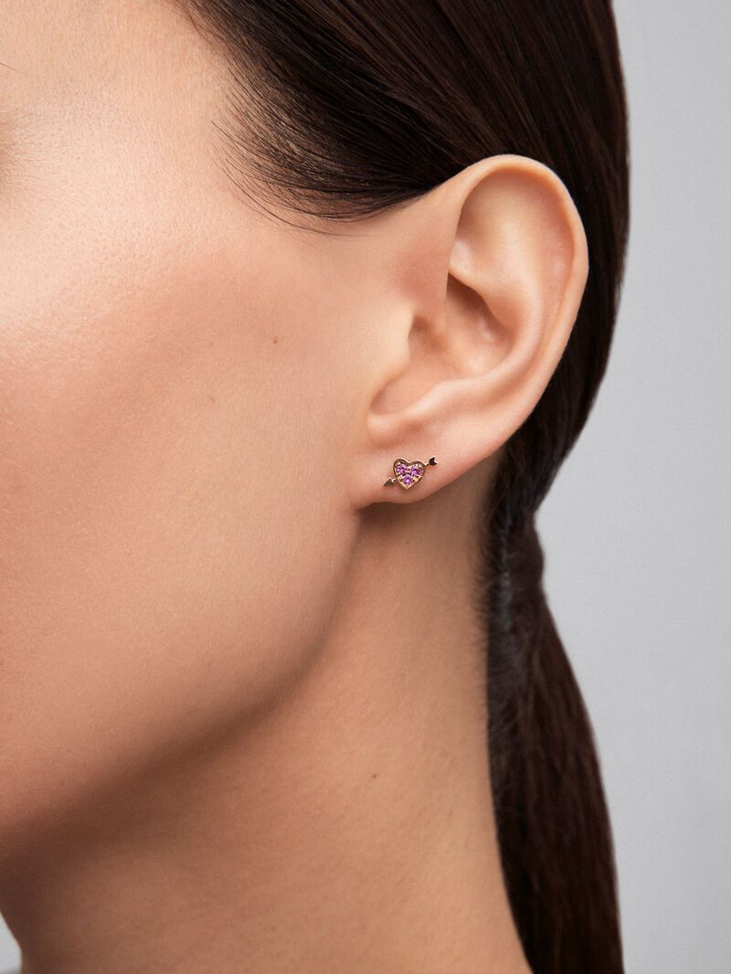 Individual 18K rose gold earring with 3 brilliant-cut pink sapphires with a total of 0.1 cts and heart shape image number 3