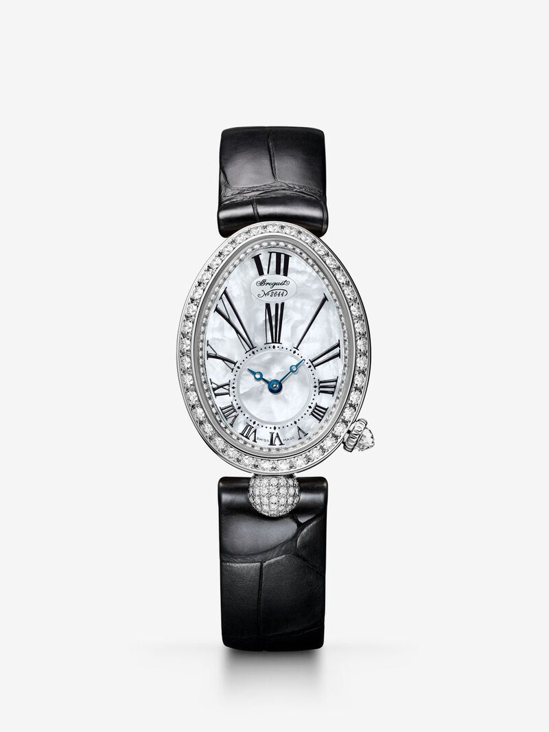 Breguet Reine de Naples watch in 18K white gold, mother-of-pearl and diamonds, leather bracelet, with sapphire crystal and mechanical movement image number 0