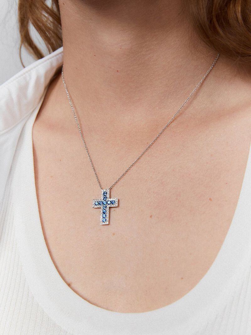 18kt white gold cross pendant with diamonds and blue sapphires. image number 3