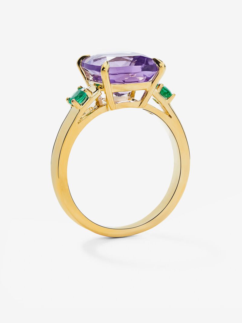 18K yellow gold triple ring with cushion-cut purple amethyst of 3.53 cts and 2 brilliant-cut green emeralds with a total of 0.19 cts image number 3