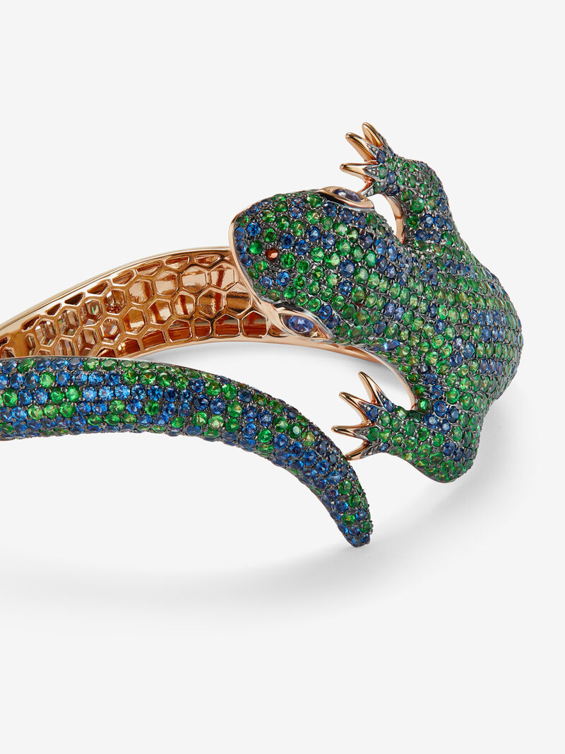 18K rose gold bracelet shaped by salamandra, with green tsavors 7.69 cts and blue sapphires 5.88 cts image number 4