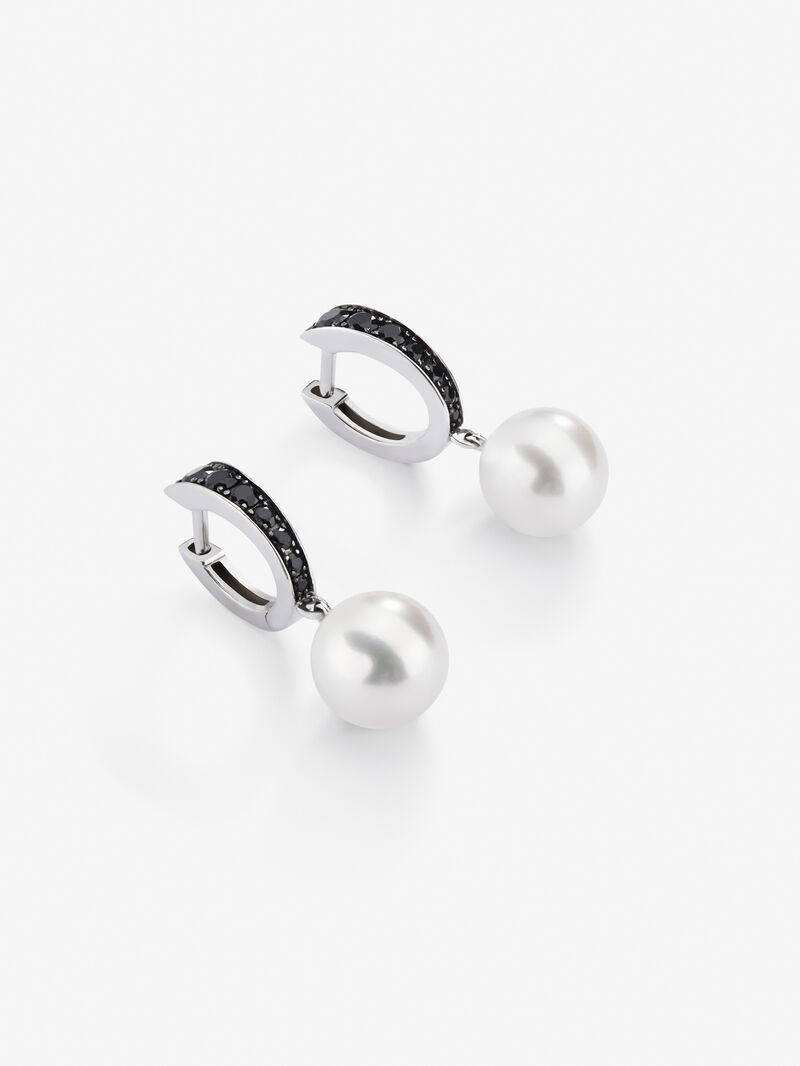 925 Silver hoop earrings with 0.32 cts black spinels and 8.5mm akoya pearls image number 2