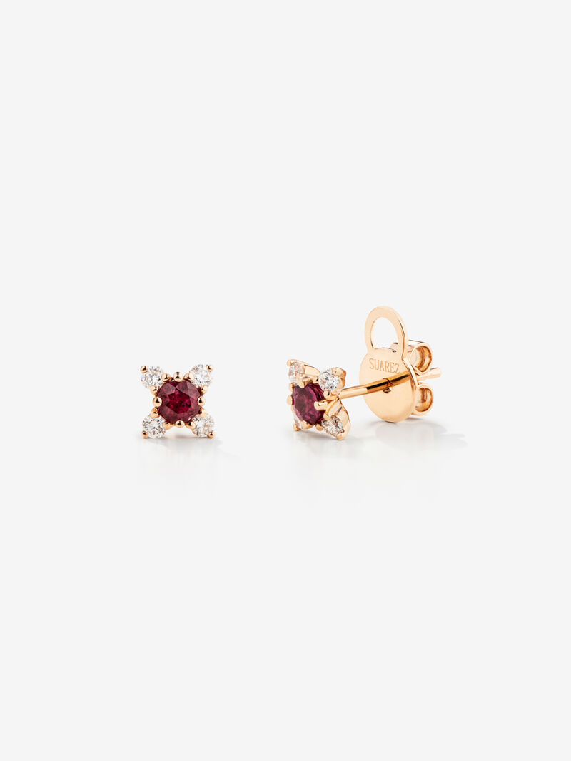 Individual 18K rose gold flower earring with ruby and diamonds. image number 0