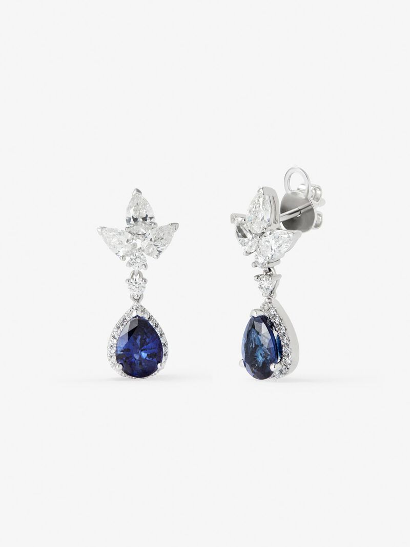18K white gold earrings with 2 pear-cut pink sapphires with a total of 5.25 cts, 6 cut diamonds with a total of 1.2 cts and 4 brilliant-cut diamonds with a total of 0.14 cts image number 0