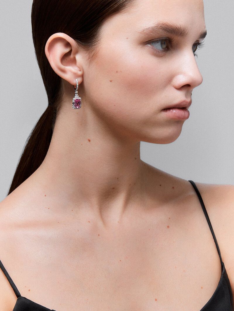 18kt white gold Creole earrings with 2.25cts octagonal pink sapphire and diamonds. image number 1
