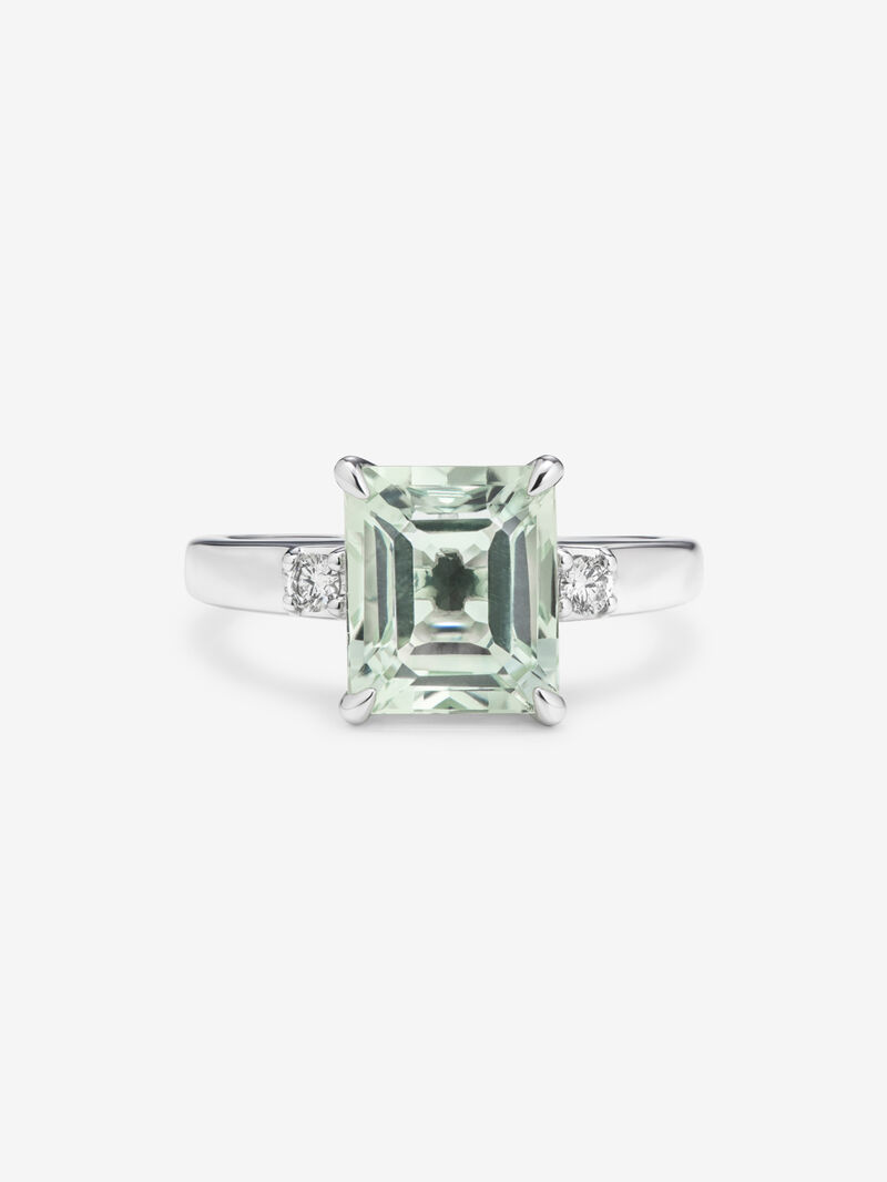 925 silver ring with green amethyst in emerald cut of 3.12 cts and 2 brilliant cut diamonds with a total of 0.09 cts image number 2