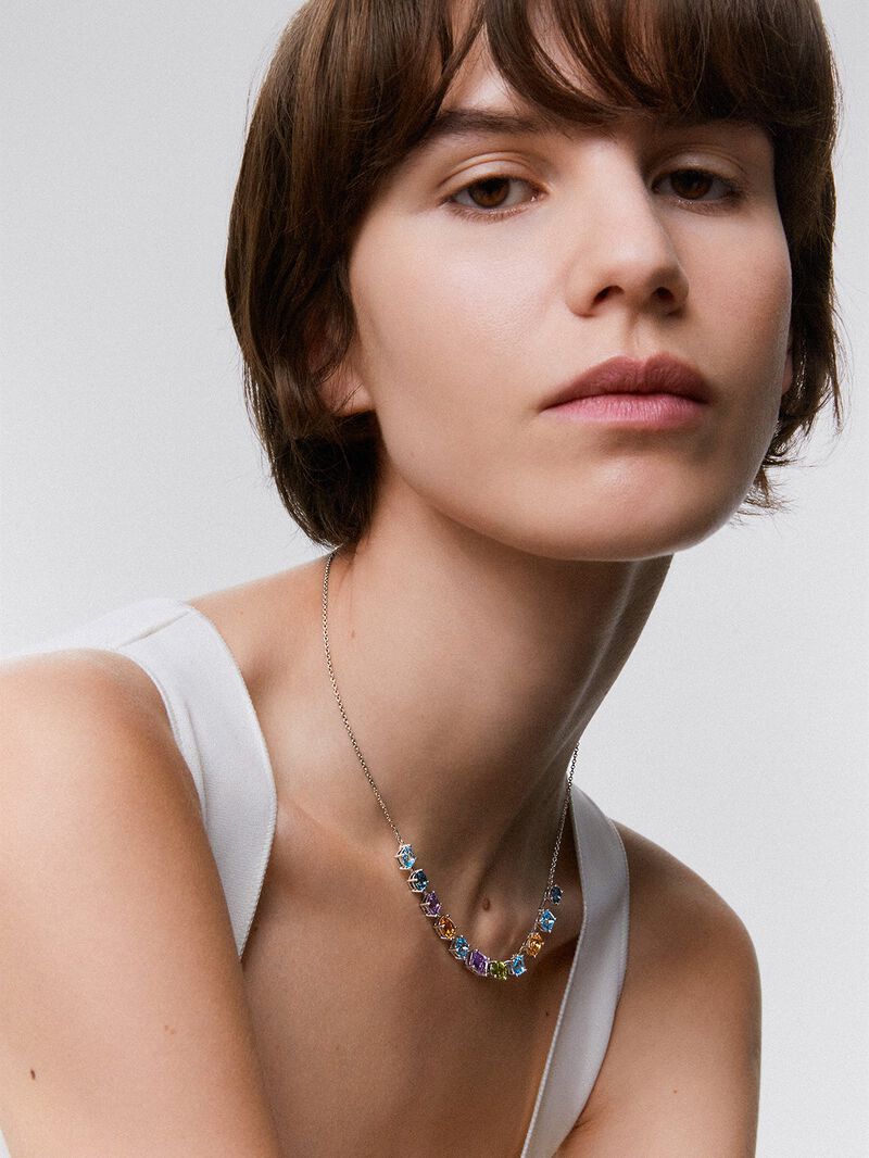 925 Silver chain pendant with large multicolor gems image number 3