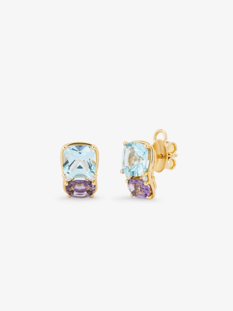 18K yellow gold earrings with 2 cushion-cut sky blue topazes, 2 oval-cut green amethysts and 4 brilliant-cut diamonds with a total of 0.11 cts image number 0