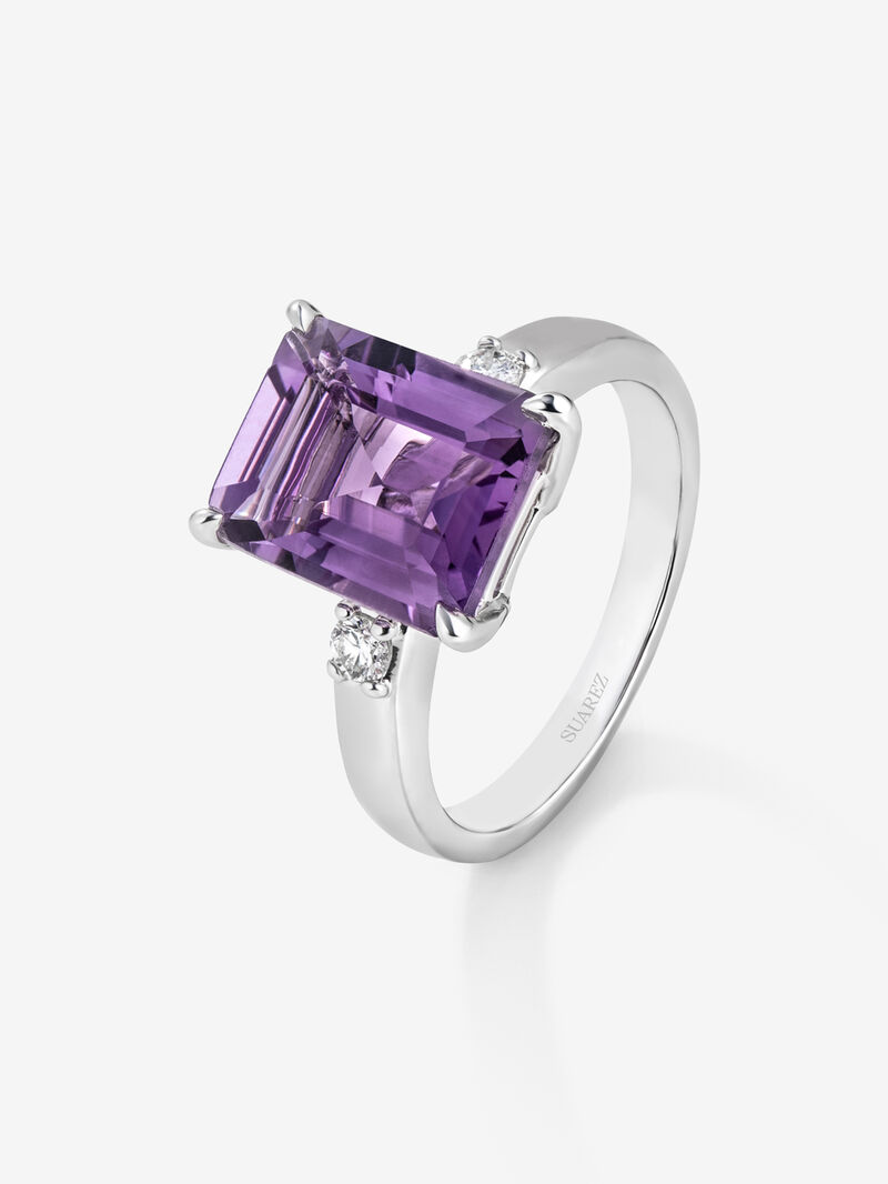 silver ring with purple amethyst and diamonds image number 0