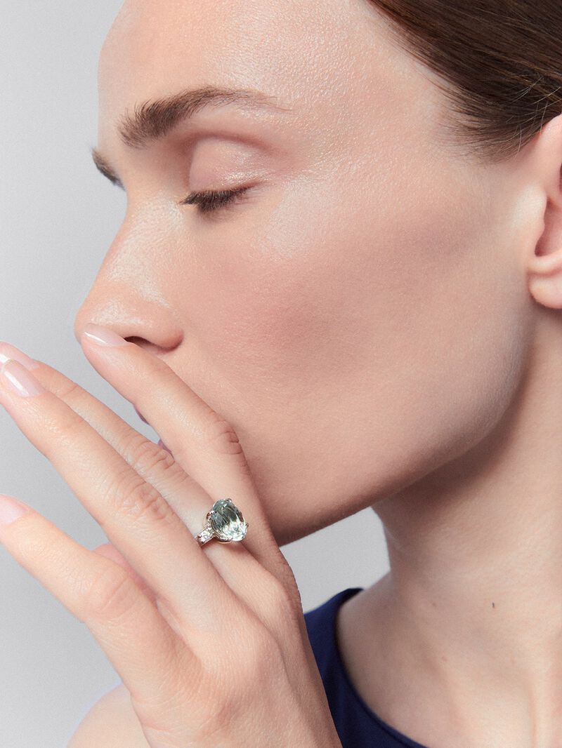 925 Silver trio ring with green amethyst and diamonds image number 3