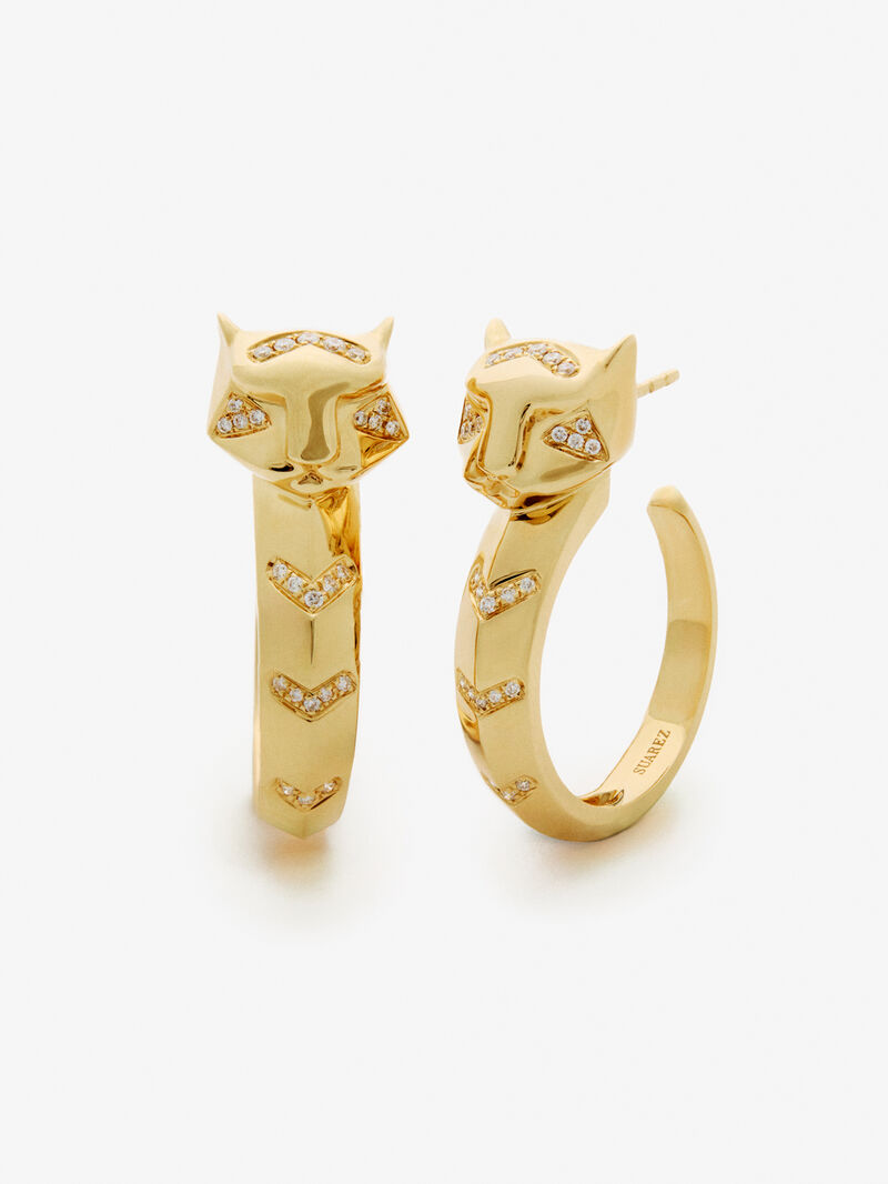 18K yellow gold hoop earrings with 52 brilliant-cut diamonds with a total of 0.16 cts and a tiger shape image number 0