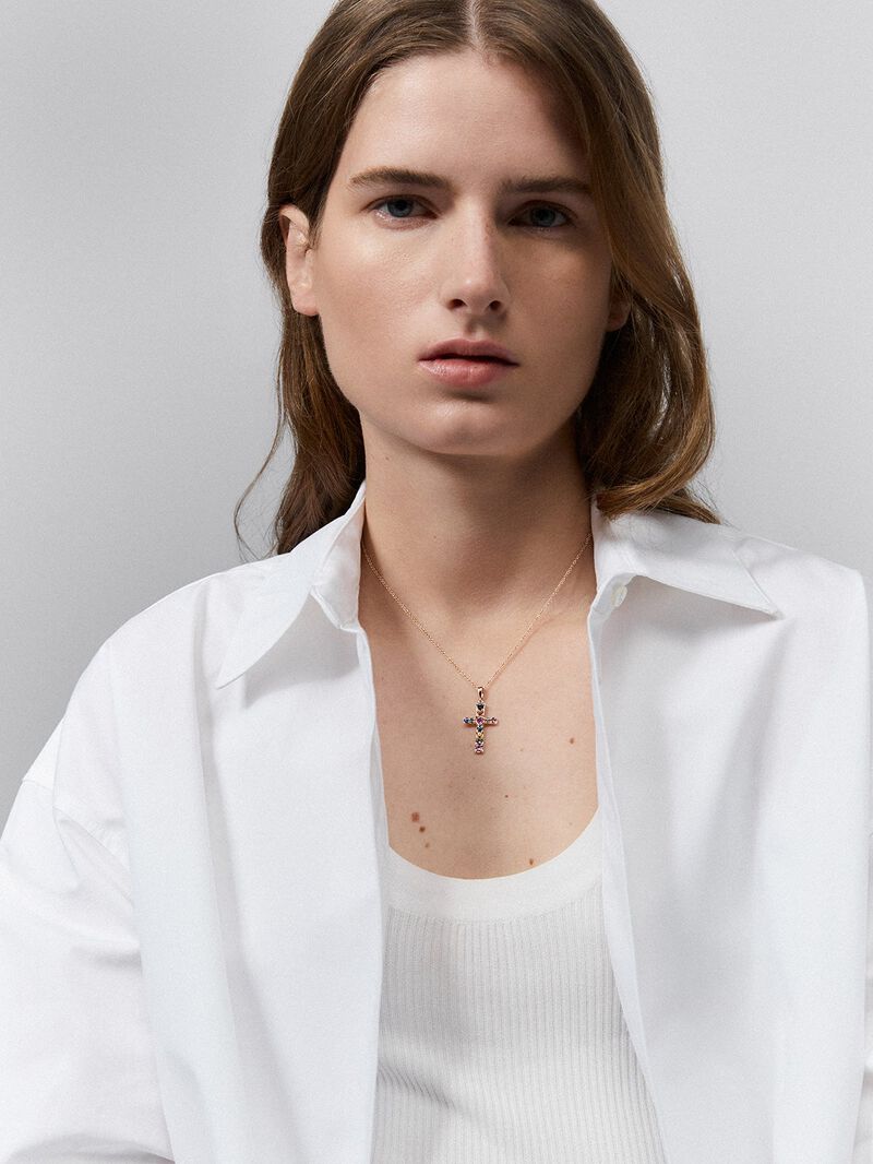 18K Rose Gold Cross Pendant Chain with Sapphire image number 1