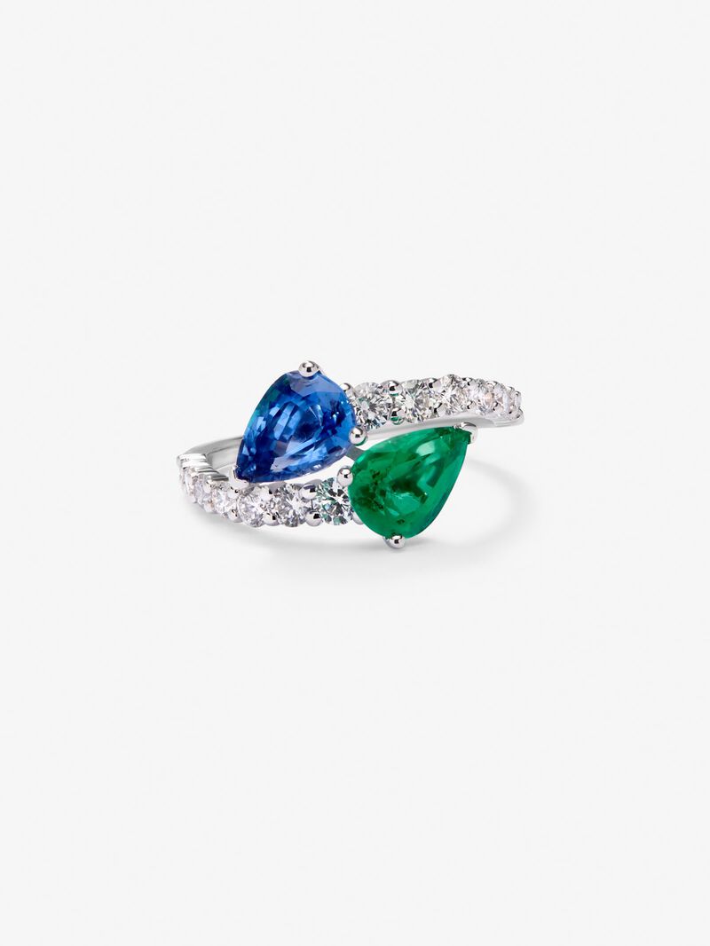You and me ring in 18K white gold with an intense blue pear-cut sapphire of 1.49 cts, a pear-cut green emerald of 1.04 cts and 14 brilliant-cut diamonds with a total of 0.64 cts image number 2