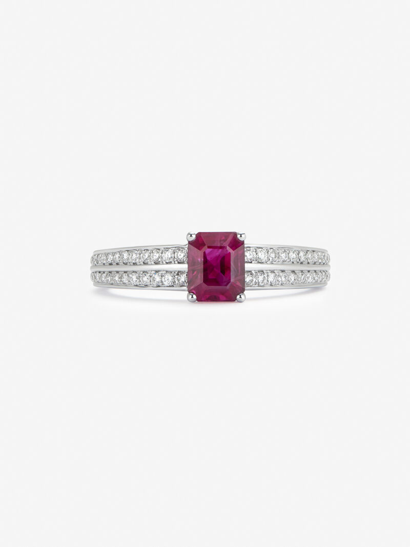 18K white gold ring with octagonal cut ruby ​​of 1.006 cts and 52 brilliant cut diamonds with a total of 0.19 cts image number 1