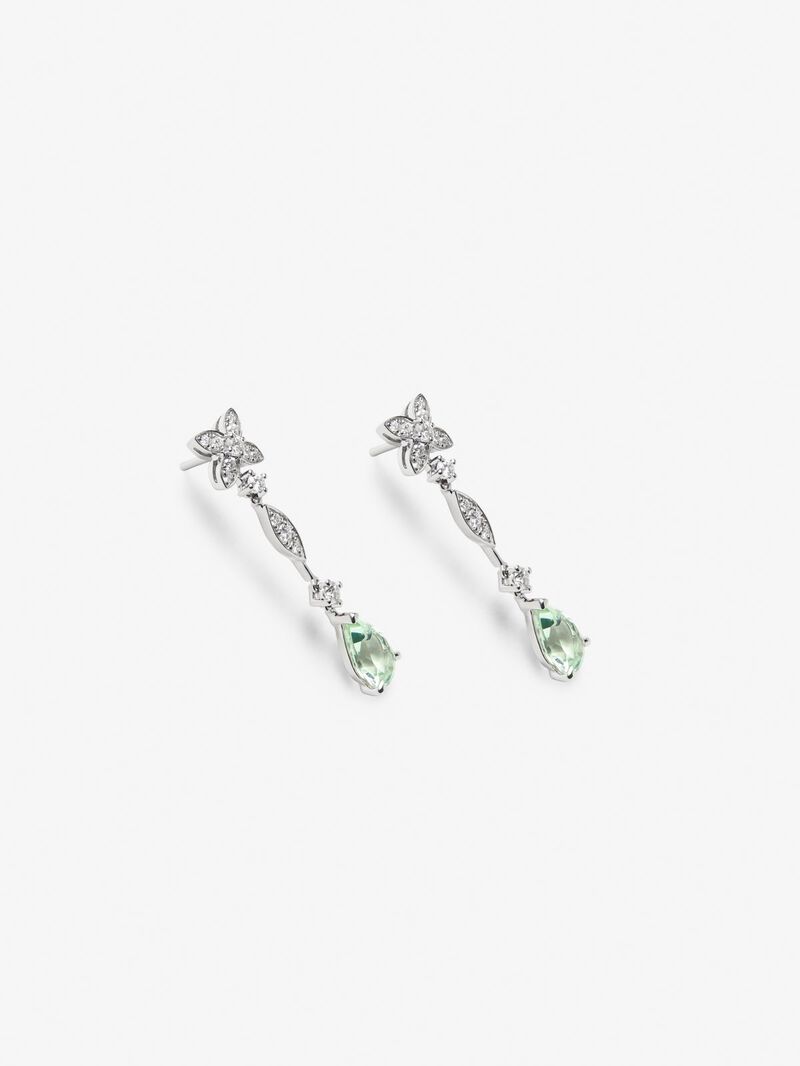 18K white gold earrings with 30 brilliant-cut diamonds with a total of 0.63 cts and 2 pear-cut green amethysts image number 2