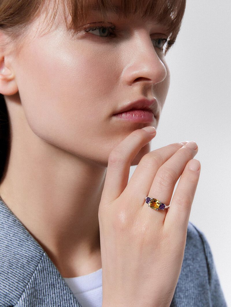 925 Silver Trilogy Ring with Citrine and Amethysts image number 0