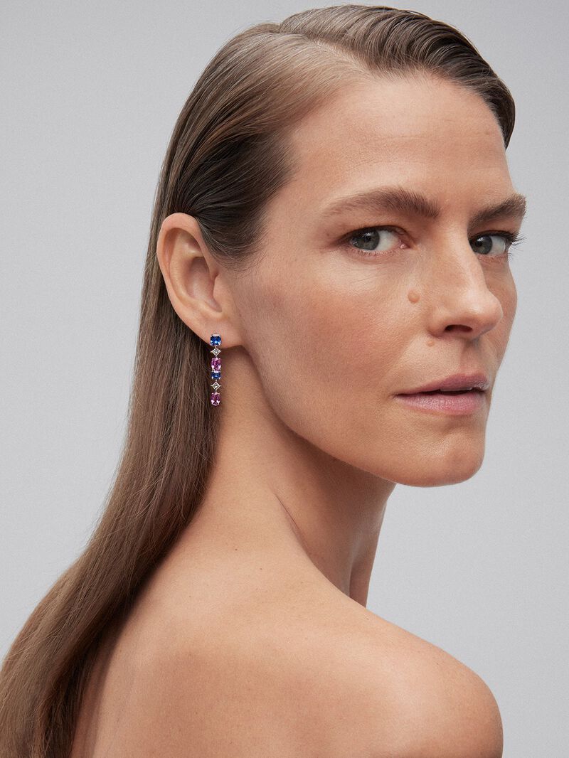 18K White Gold Gold Earrings with Blue Sapphires in octagonal 2,19 cts, oval pink sapphires of 2.96 cts and white diamonds in 0.65 cts princess size image number 3