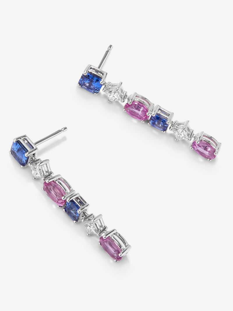 18K White Gold Gold Earrings with Blue Sapphires in octagonal 2,19 cts, oval pink sapphires of 2.96 cts and white diamonds in 0.65 cts princess size image number 2
