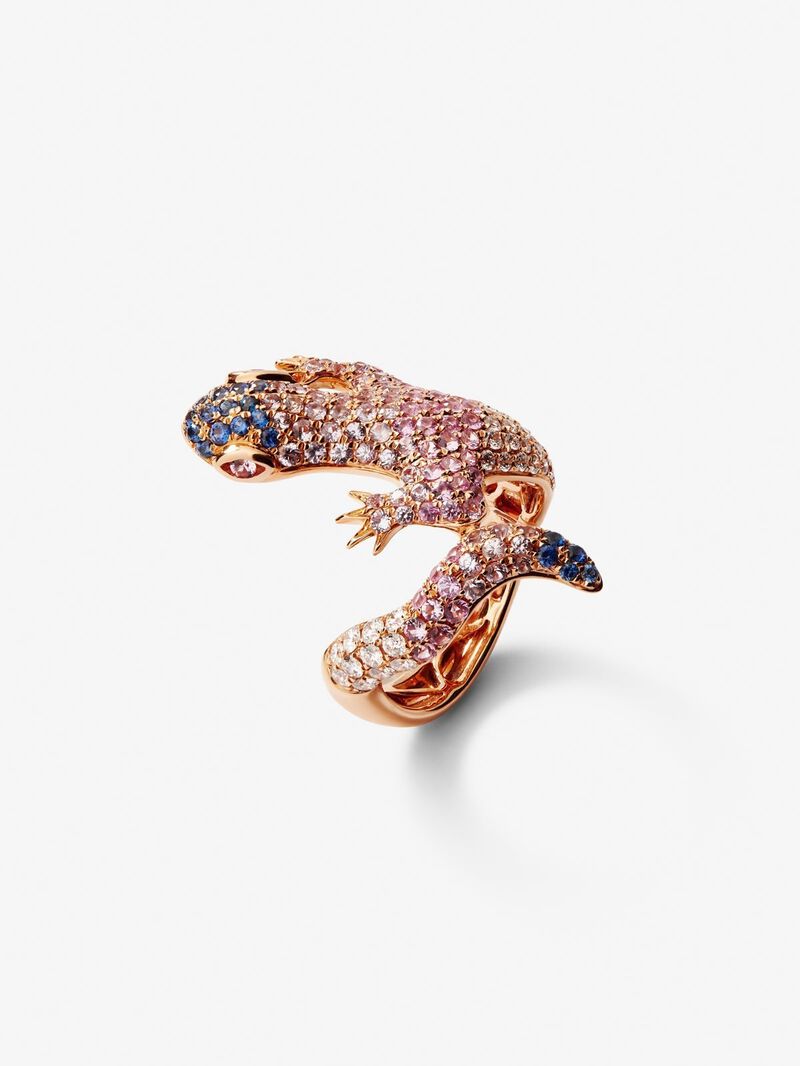 18K rose gold ring with 20 brilliant-cut diamonds with a total of 3.3 cts and 160 multicolored sapphires with a total of 2.69 cts in the shape of a salamander image number 0