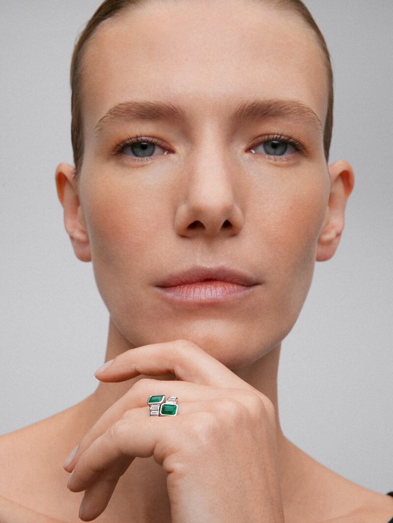 You and I 18k White Gold Ring with Green Emeralds in Octagonal Size 1.7 cts and white diamonds in 0.57 CTS baggos image number 1