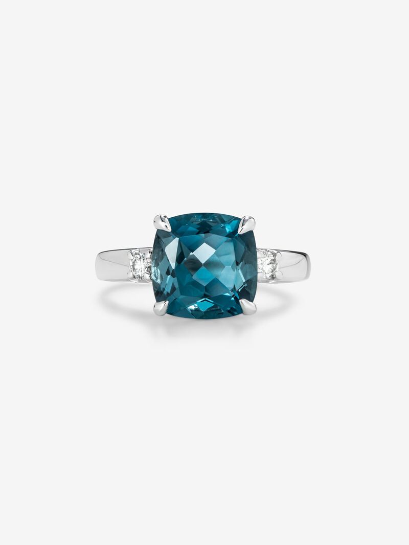 925 silver triple ring with cushion-cut London blue topaz of 5.08 cts and 2 brilliant-cut diamonds with a total of 0.12 cts image number 2