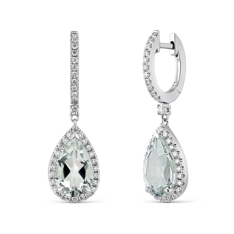 18kt white gold teardrop earrings with a 1.66ct green amethyst stone and diamonds, PE11002-OBDAMV105X65_V