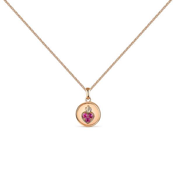 Colgante de medalla para niñas de oro rosa de 18kt con corazón y zafiros rosas, PT21058-ORZR