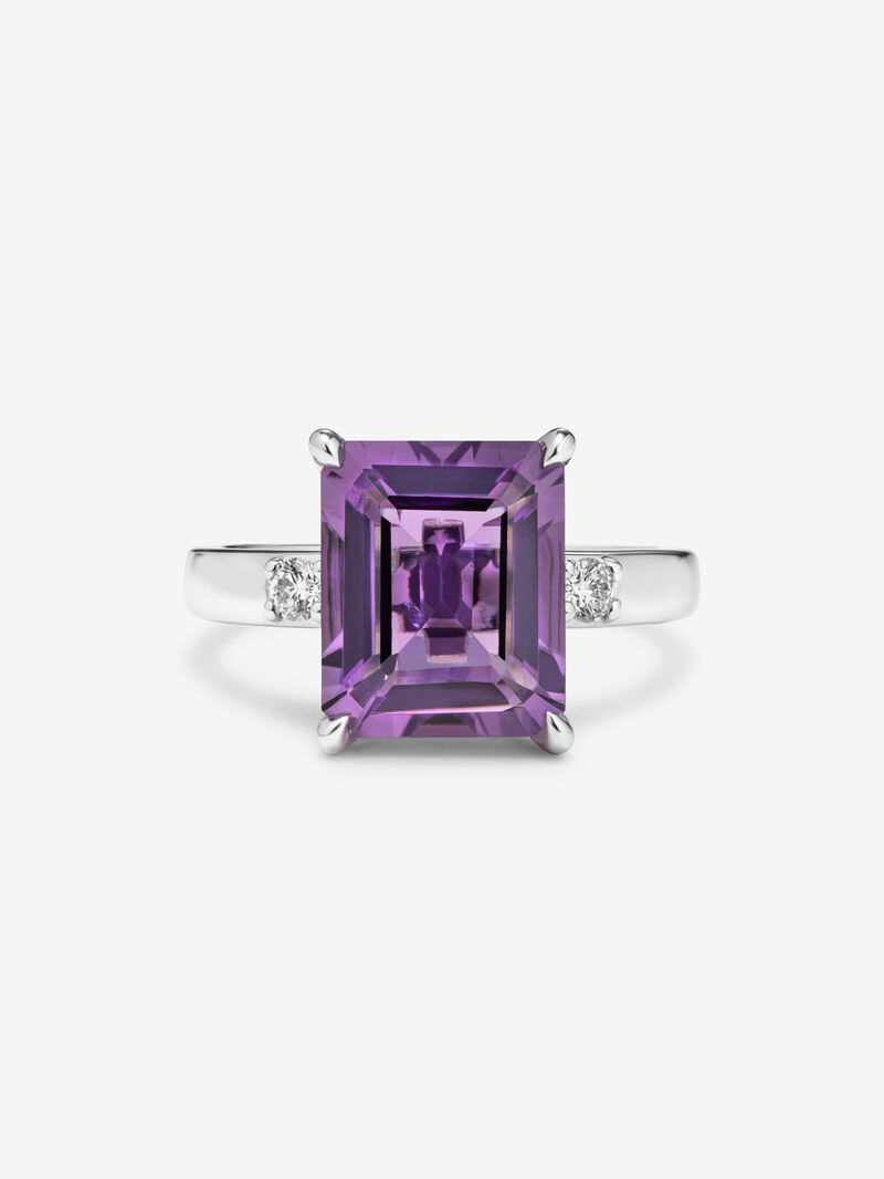 silver ring with purple amethyst and diamonds image number 2