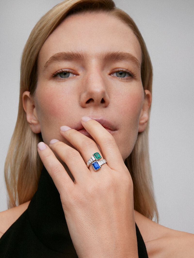 You and 18k white gold ring with blue zafiro in octagonal size 1.8 cts, emerald green in octagonal size 1.13 cts and white diamonds in 0.69 cts baguette size image number 0