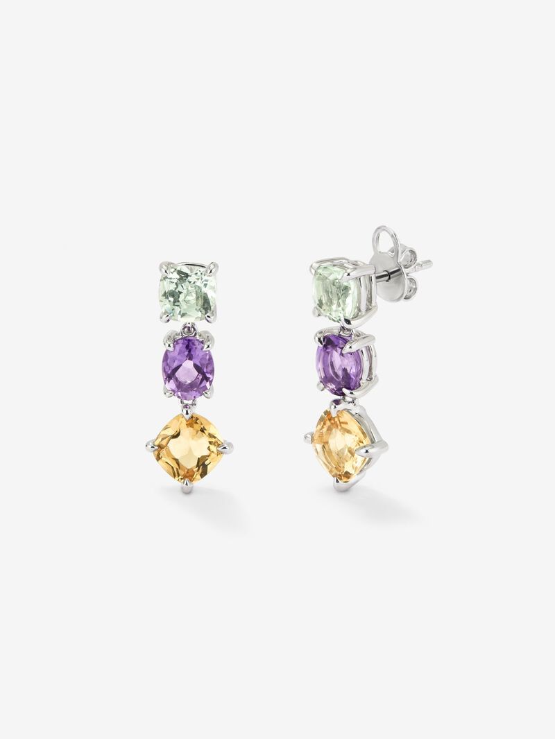 Long 925 silver earrings with green amethyst, purple amethyst, and citrine. image number 0