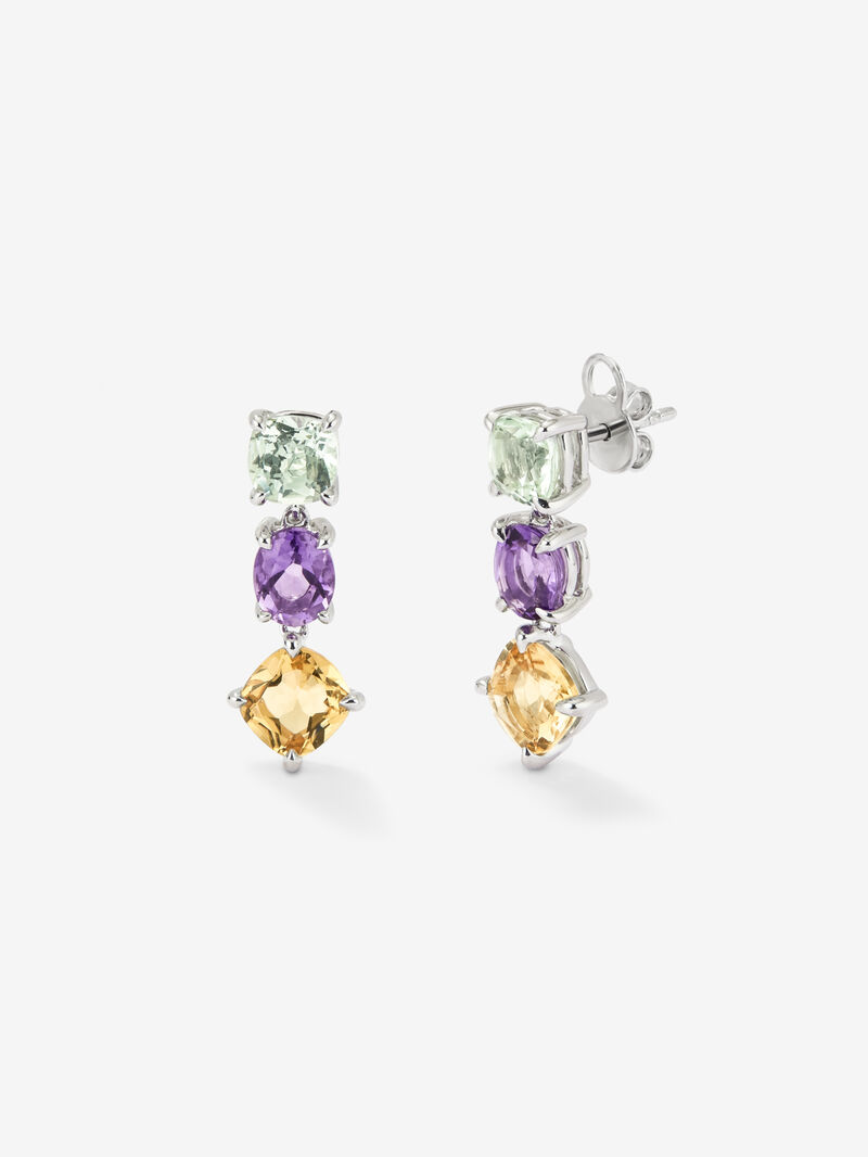 Long 925 silver earrings with green amethyst, purple amethyst, and citrine. image number 0