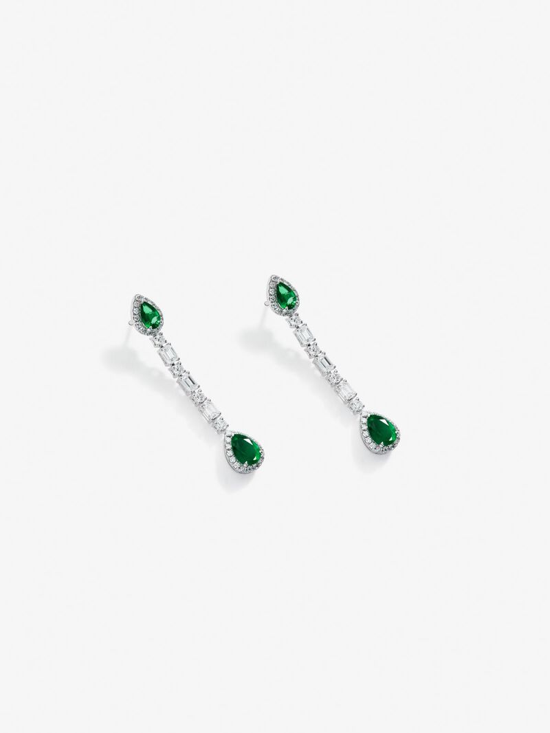 18K white gold earrings with green emeralds in 2.06 cts and white diamonds in emerald and bright 2.04 cts image number 0