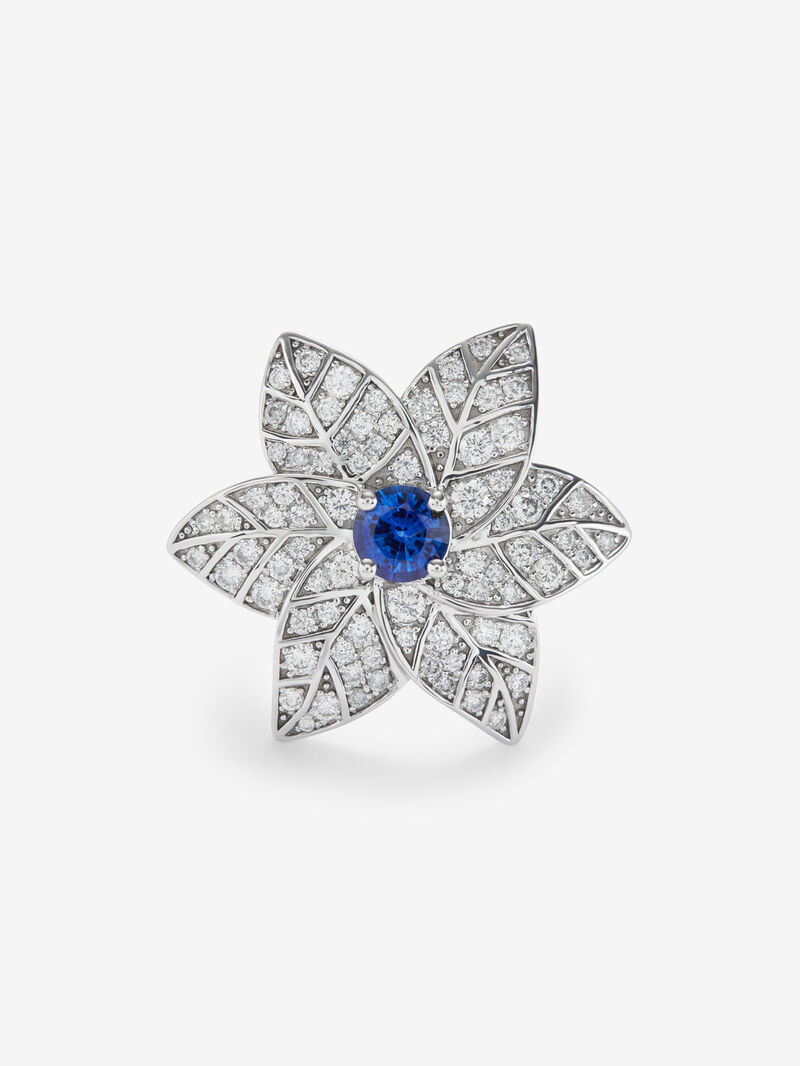 18K white gold ring in the shape of a flower with brilliant-cut blue sapphire of 0.46 cts and brilliant-cut diamonds with a total of 0.65 cts image number 1