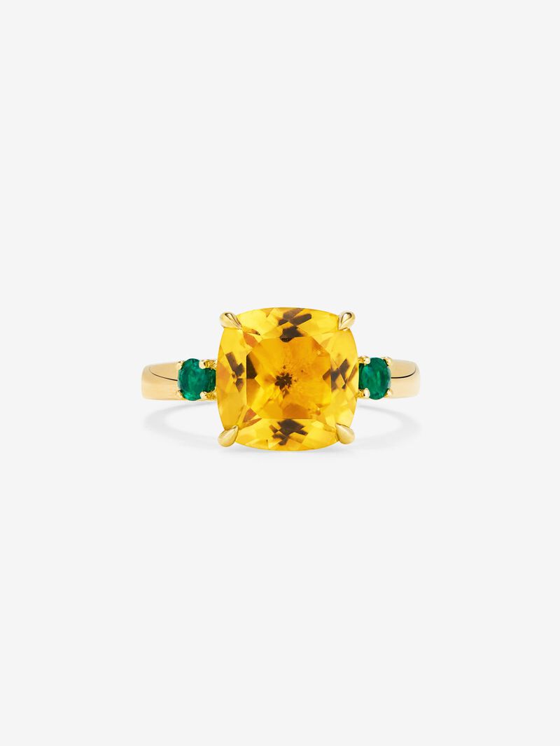 18k yellow golden ring with citrine quartz in 3.55 cts and green cushion size in bright 0.25 cts image number 2
