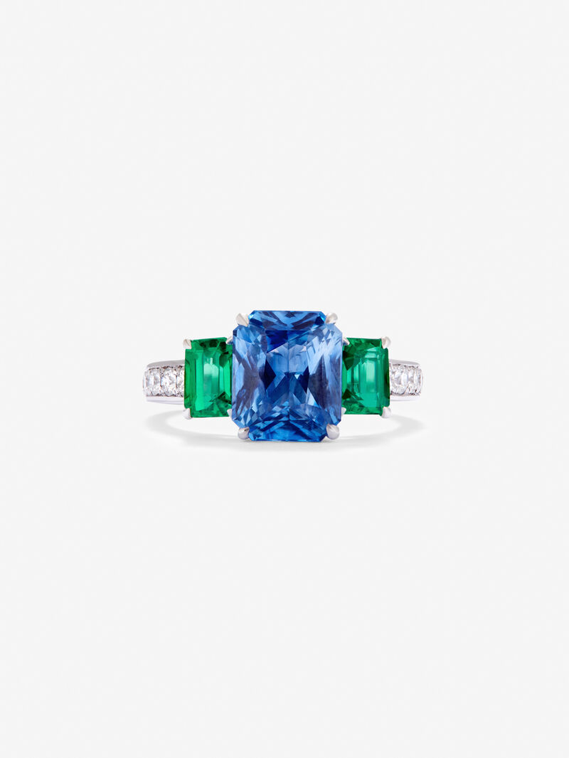 18K White Gold Tiego Ring with blue sapphire in 3.6 cts emerald size, green emeralds in octagonal size 1.12 cts and white diamonds in bright size of 0.073 cts image number 2