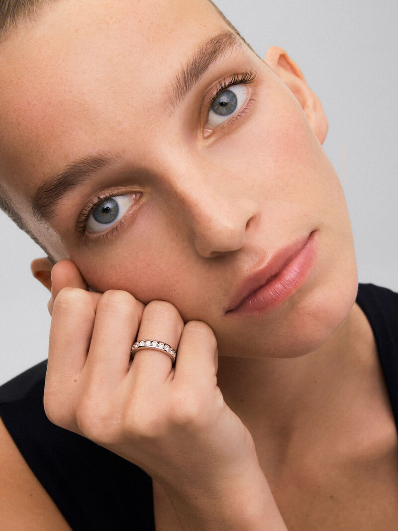 Half alliance engagement ring made of 18K white gold with diamonds on band. image number 1