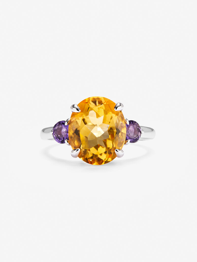 925 silver triple ring with oval-cut citrine quartz and 2 brilliant-cut purple amethysts image number 2