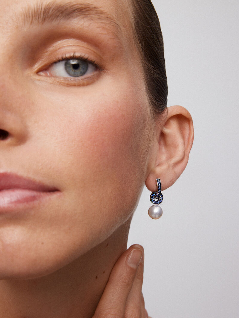 925 Silver double hoop earring combined with a 9mm Akoya pearl and sapphire. image number 3