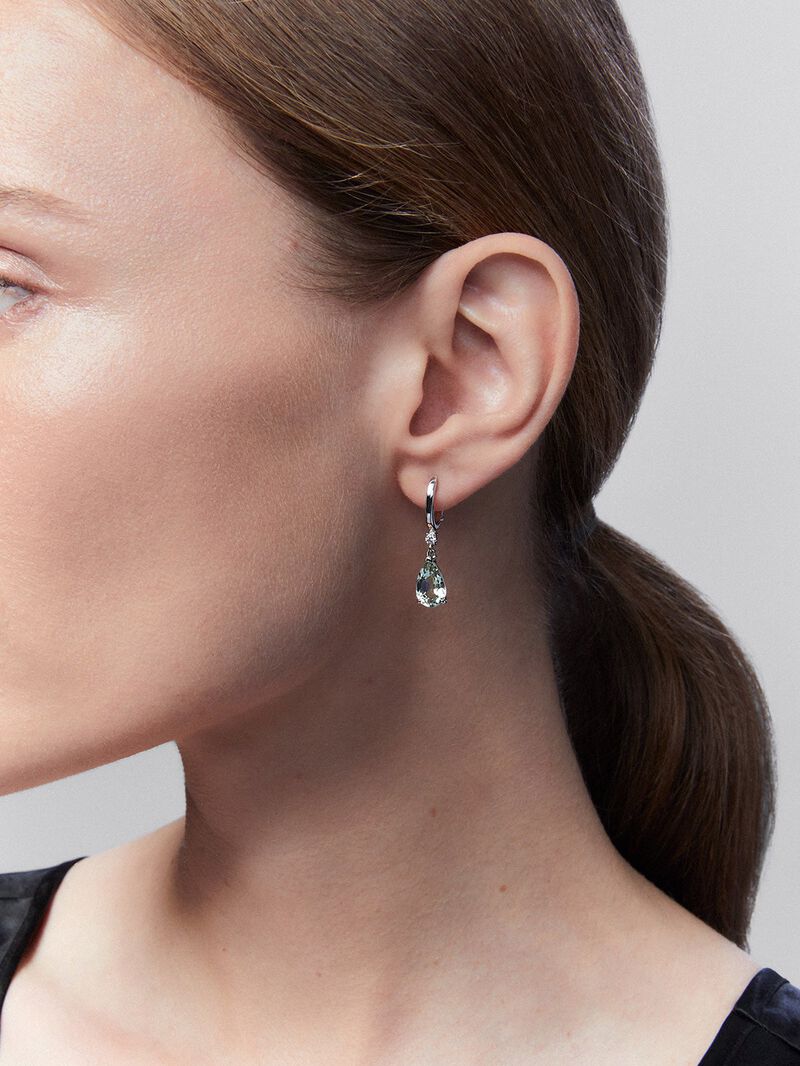 925 Silver hoop earrings with green amethyst and hanging diamond image number 5
