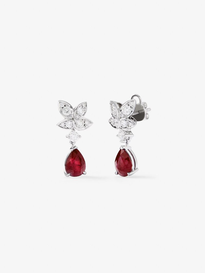 18K white gold earrings with red rubies Pigeon Blod in pear size 4.62 cts and white diamonds in bright size of 0.89 cts image number 0