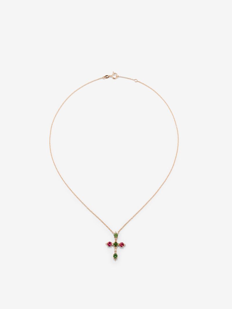 18K Rose Gold Cross Pendant Chain with Green Tourmaline and Pink Tourmaline image number 0