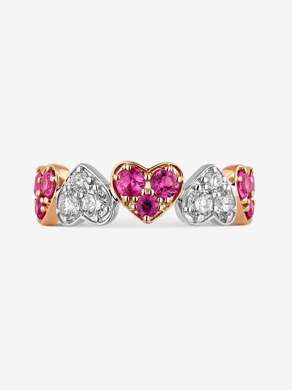 Anillo corazones de oro rosa y oro blanco de 18kt con zafiros rosas y diamantes, SO20081-OROBDZR_V