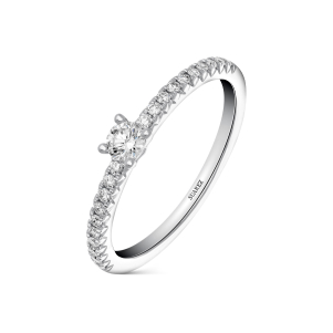 ANILLO SOLITARIO DE COMPROMISO DE ORO BLANCO DE 18KT CON DIAMANTE DE 0,12CTS Y BRAZO DE DIAMANTES | Joyería Suarez 
