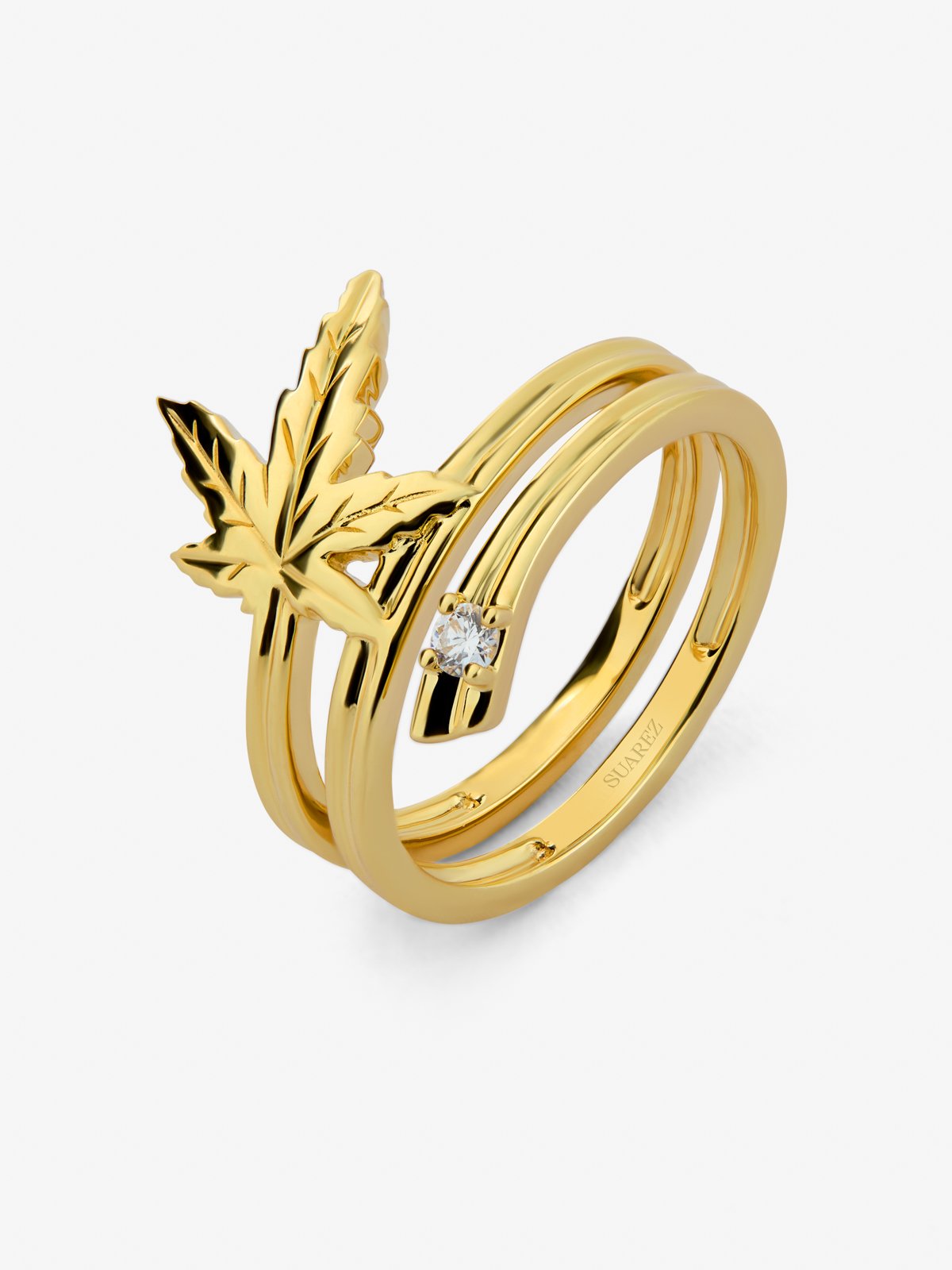 Anillo de oro amarillo de 18K con diamante en talla brillante de 0,04 cts y forma de hoja de arce