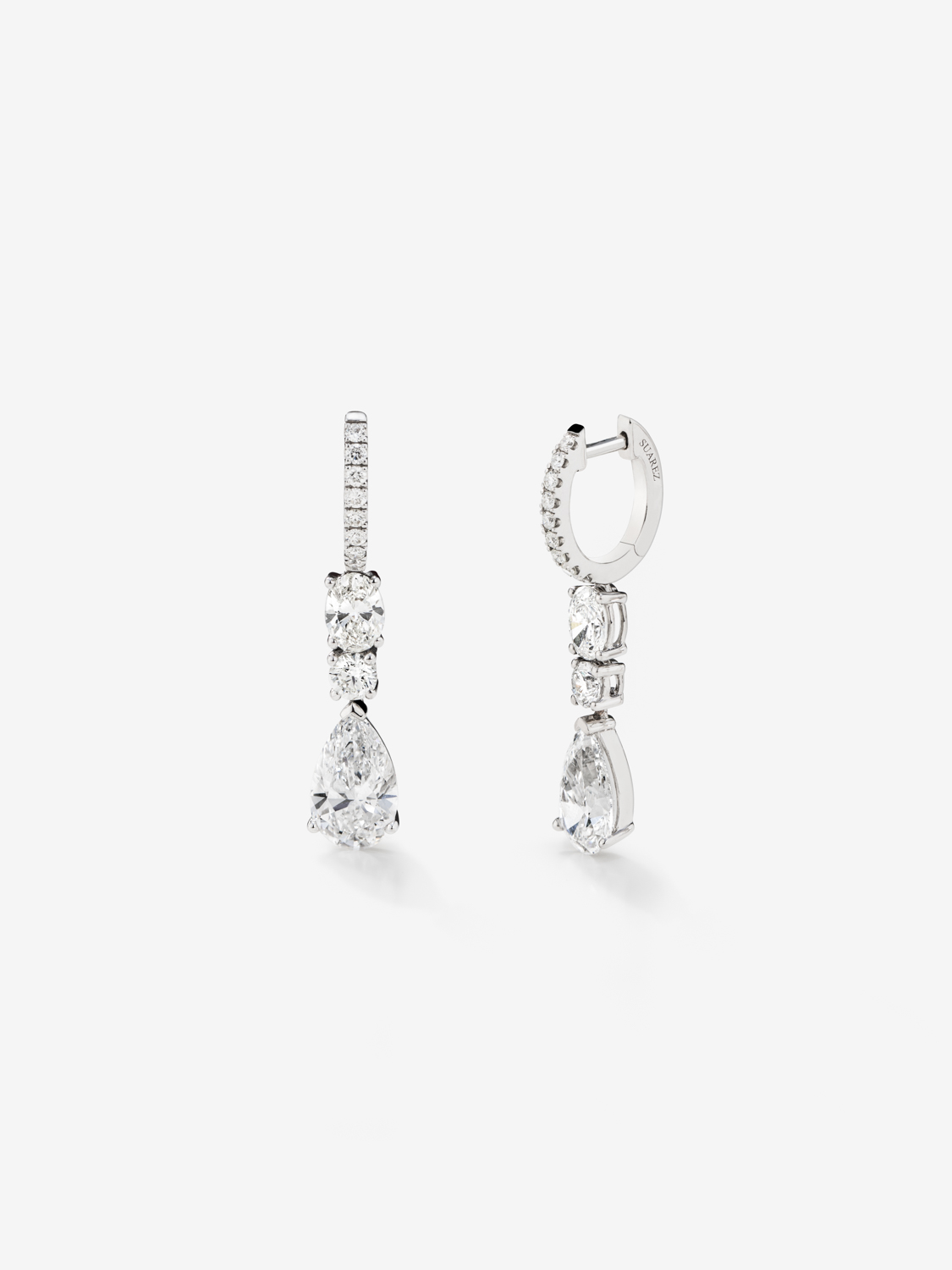 18K White Gold Solitaire Hanging Hoop Earrings with Diamonds