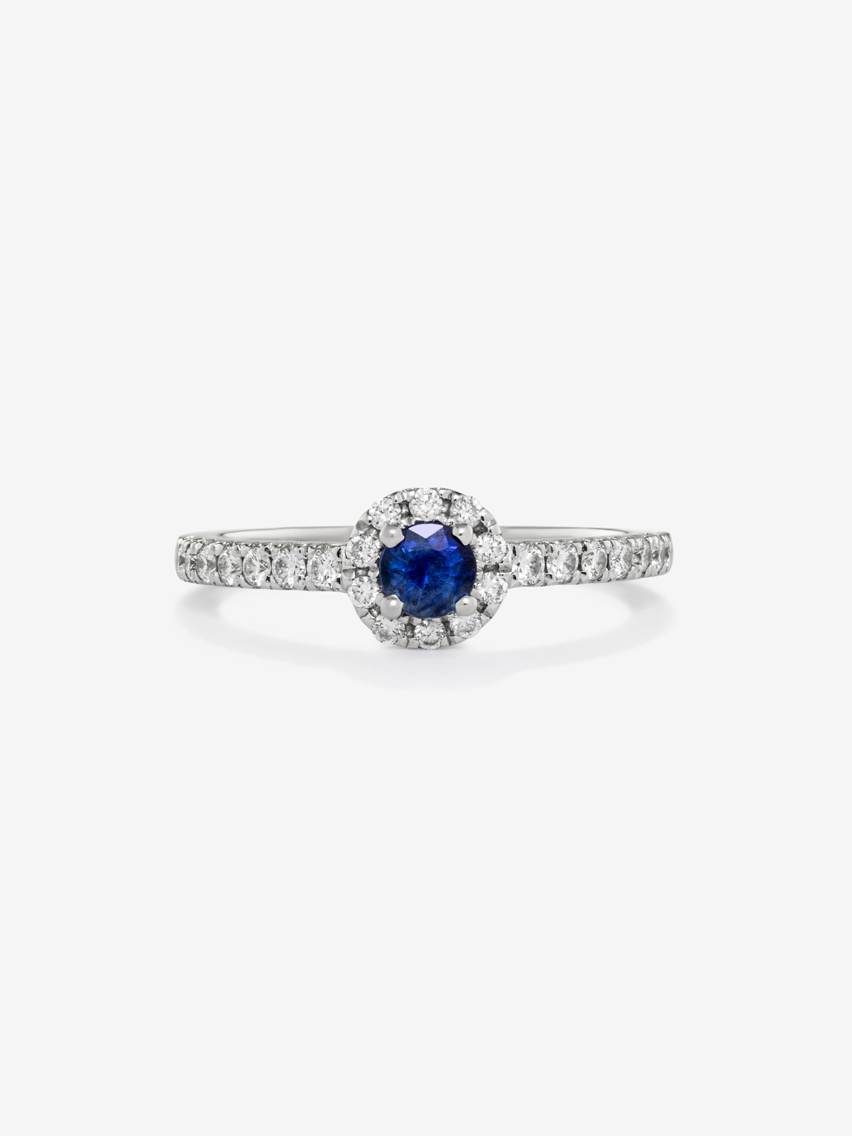 Anillo orla de oro blanco de 18K con zafiro y diamante