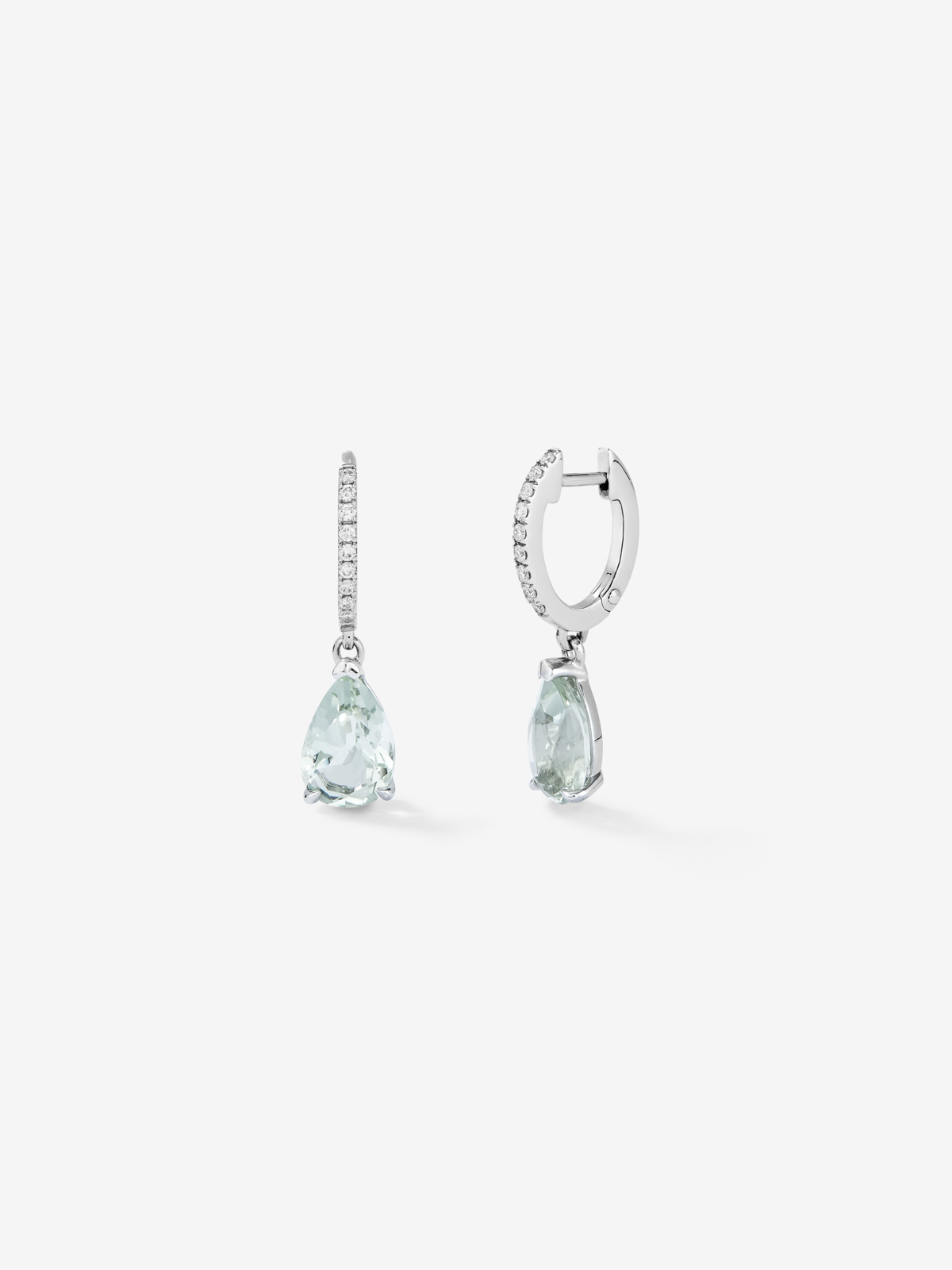 18K white gold hoop earrings with green amethyst and diamond pendant
